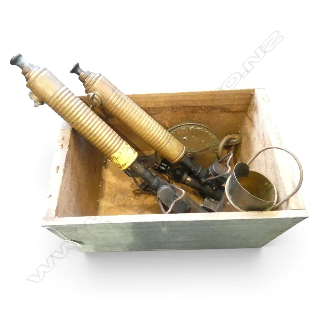 2 BLOWTORCHES, SCALES, COPPER VESSEL IN WOODEN CRATE Image 1++