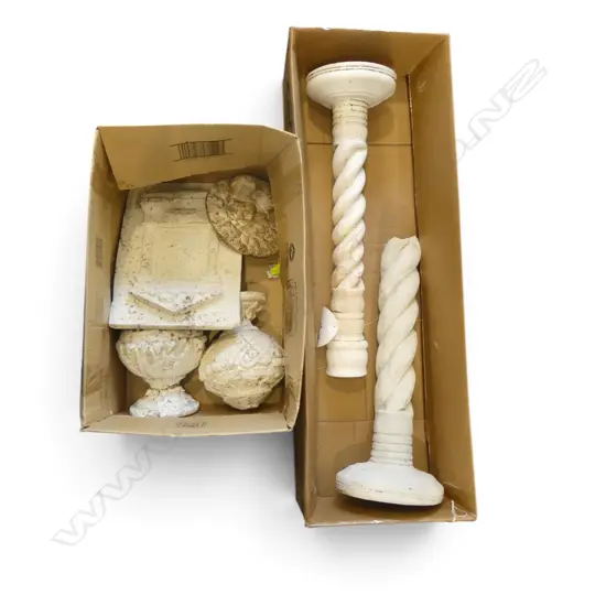 2 CANDLE HOLDERS one a/f  H.580mm + 4 GARDEN ORNAMENTS
