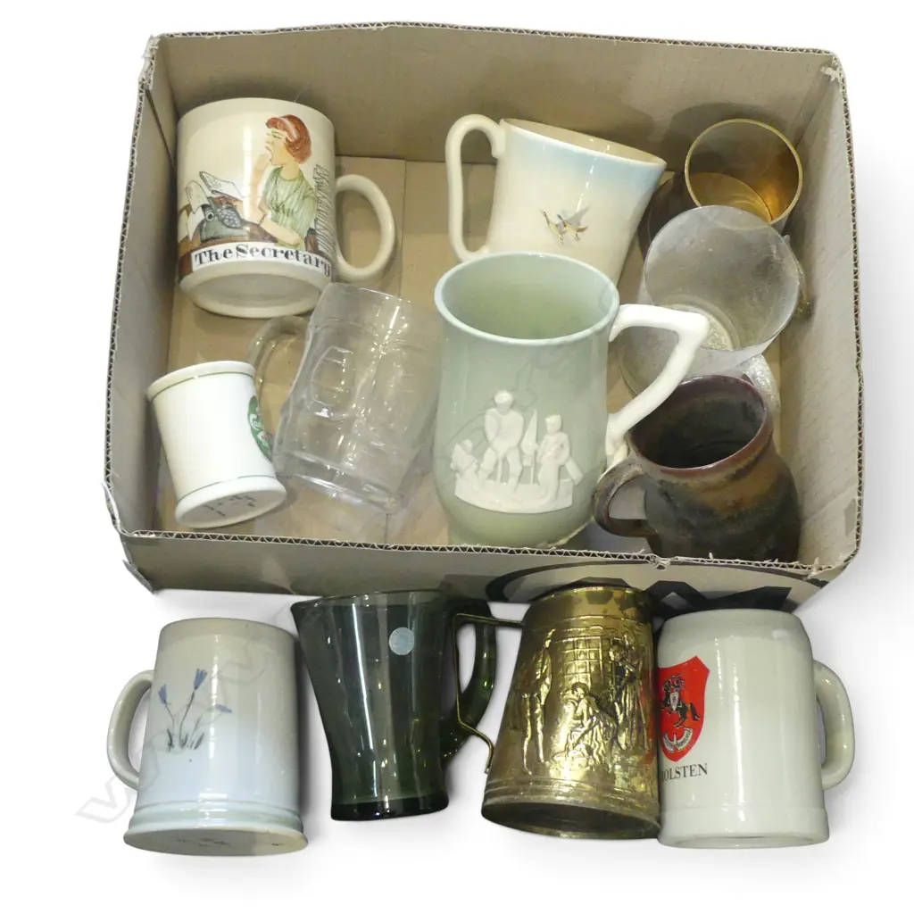 BOX OF 12 MIXED BEER MUGS GLASS CHINA BRASS ETC Image 1++