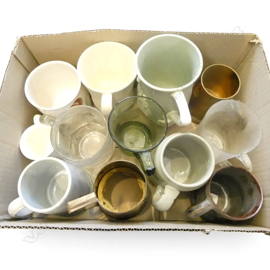 BOX OF 12 MIXED BEER MUGS GLASS CHINA BRASS ETC Image 1++