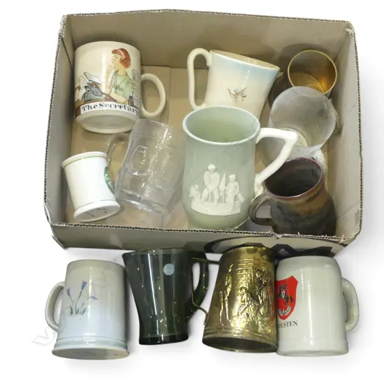 BOX OF 12 MIXED BEER MUGS GLASS CHINA BRASS ETC
