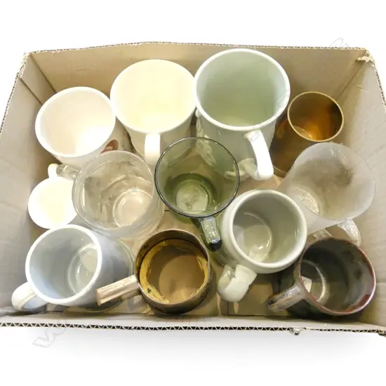 BOX OF 12 MIXED BEER MUGS GLASS CHINA BRASS ETC