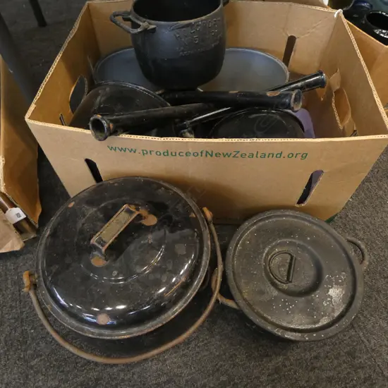 ASST. COOKING POTS, ENAMEL, CAST IRON