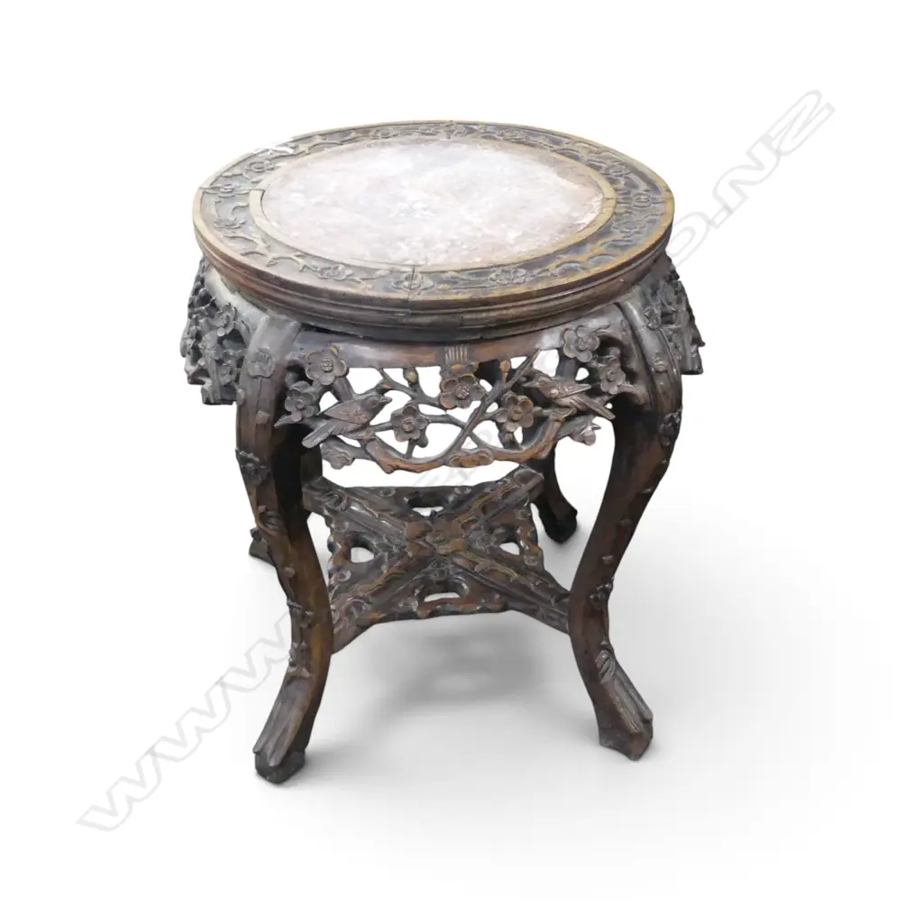 ORIENTAL CARVED HARD WOOD STOOL w. MARBLE TOP, FAULTS H.480mm, 450mm dia Image 1++