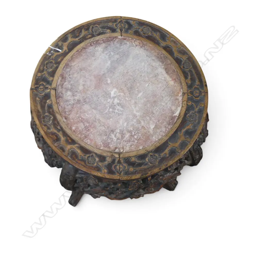 ORIENTAL CARVED HARD WOOD STOOL w. MARBLE TOP, FAULTS H.480mm, 450mm dia Image 1++