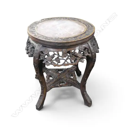 ORIENTAL CARVED HARD WOOD STOOL w. MARBLE TOP, FAULTS H.480mm, 450mm dia