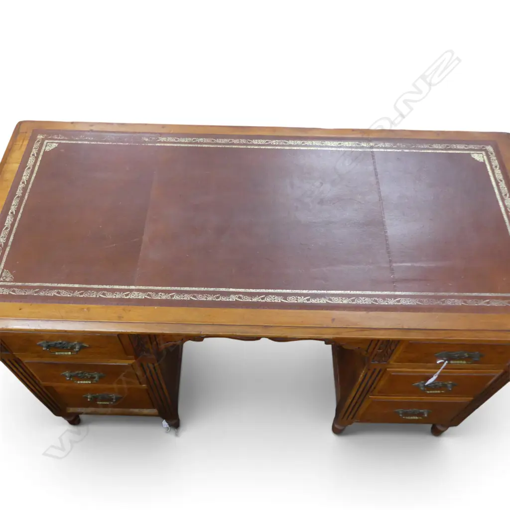 EDWARDIAN DESK w MOTTLED KAURI DRAWERS & TOOLED LEATHER TOP, 1210x560x760mm Image 1++