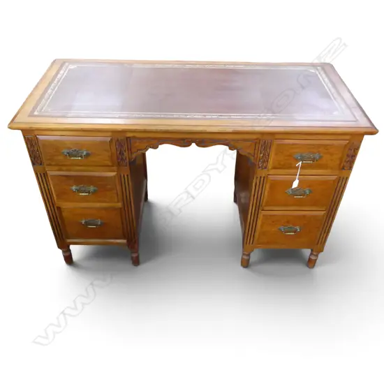 EDWARDIAN DESK w MOTTLED KAURI DRAWERS & TOOLED LEATHER TOP, 1210x560x760mm
