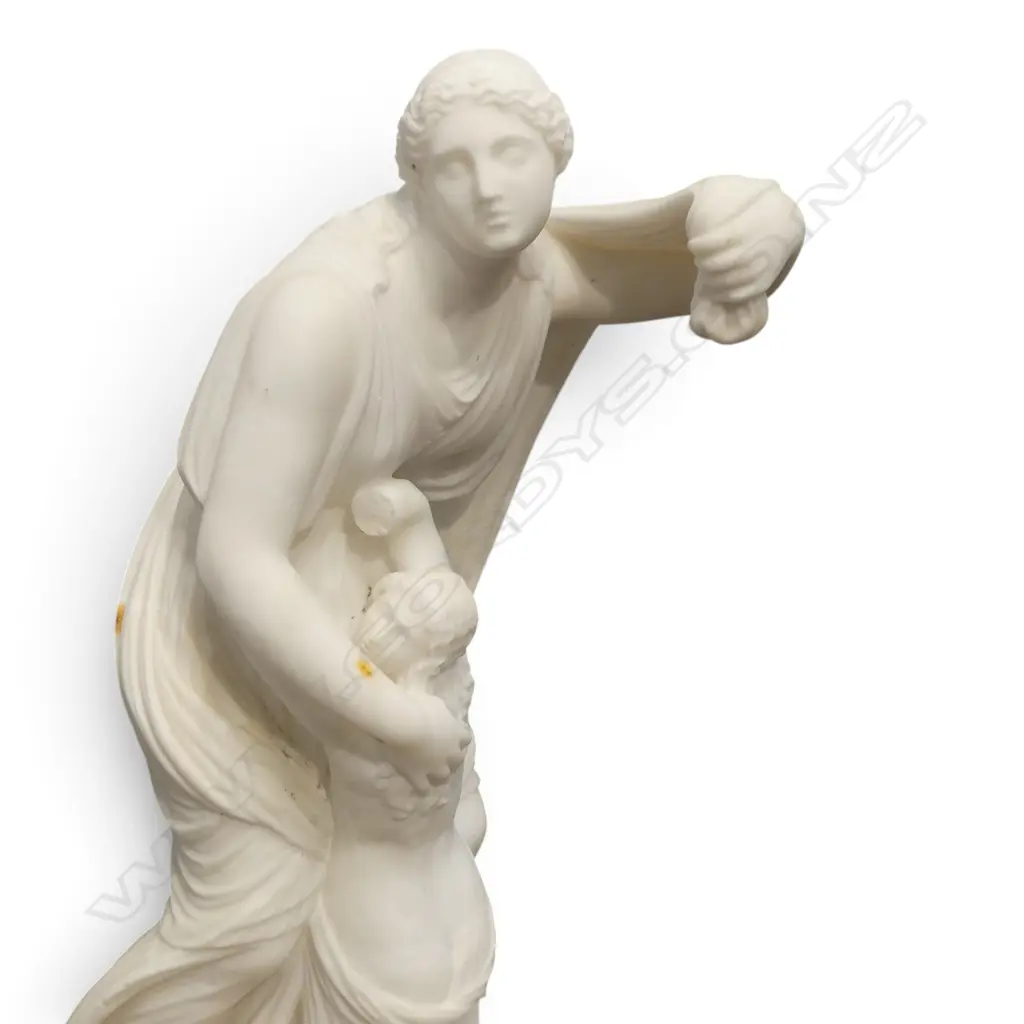 CARVED ALABASTER STATUE, NIOBE PROTECTING HER DAUGHTER H.520mm foot repaired, arm missing Image 1++