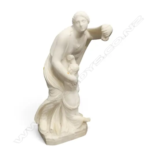 CARVED ALABASTER STATUE, NIOBE PROTECTING HER DAUGHTER H.520mm foot repaired, arm missing