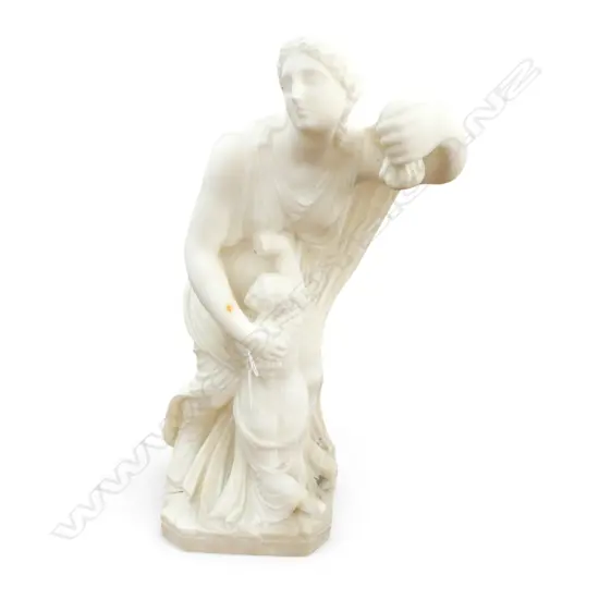 CARVED ALABASTER STATUE, NIOBE PROTECTING HER DAUGHTER H.520mm foot repaired, arm missing