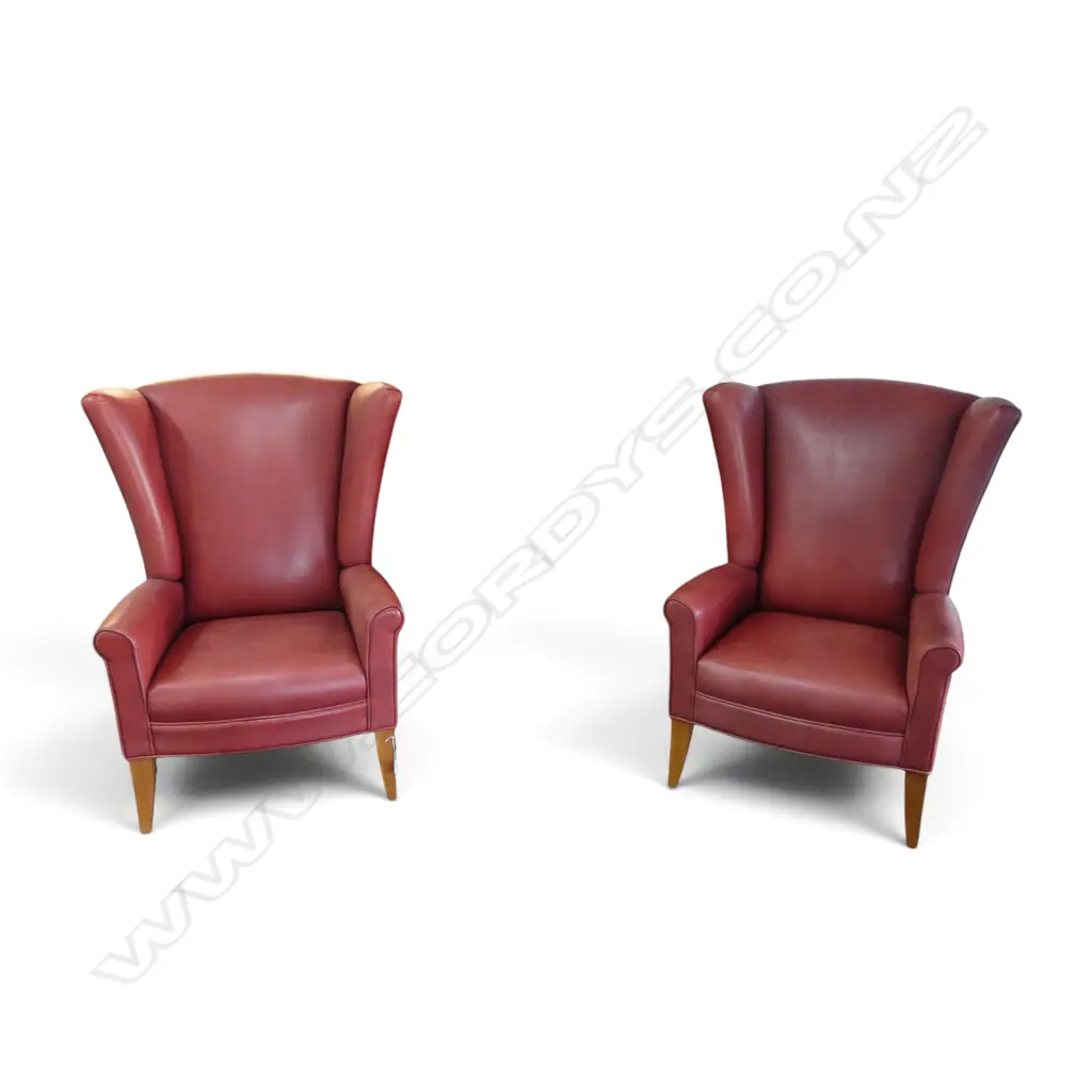 PR RED LEATHER WING BACK ARMCHAIRS BY LEE WEITZMAN FURNITURE CHICAGO ILLINOIS 810x750x1180mm Image 1++