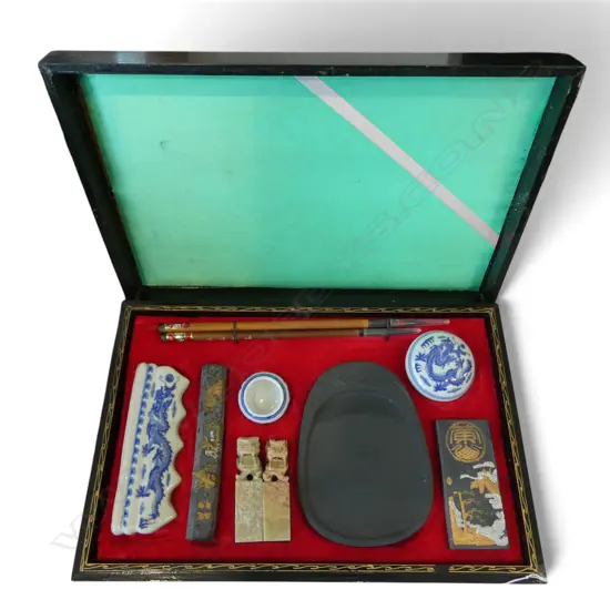 ORIENTAL INKSTONE CALLIGRAPHY SET IN LACQUER BOX W.330mm