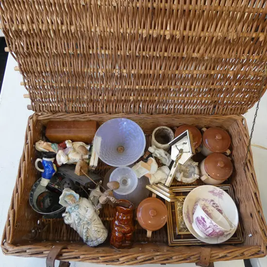 WOVEN SUITCASE (BORER) + ASST. CONTENTS (CERAMICS, ETC)