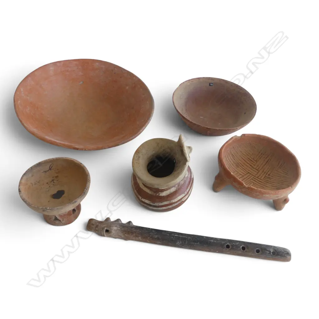 6 PCES PRE-COLUMBIAN? POTTERY; 4 BOWLS 260mm dia (2 LARGEST w. HAIRLINES), POT,  UILACAPITZTLI (POTTERY FLUTE) L.305mm Image 1++