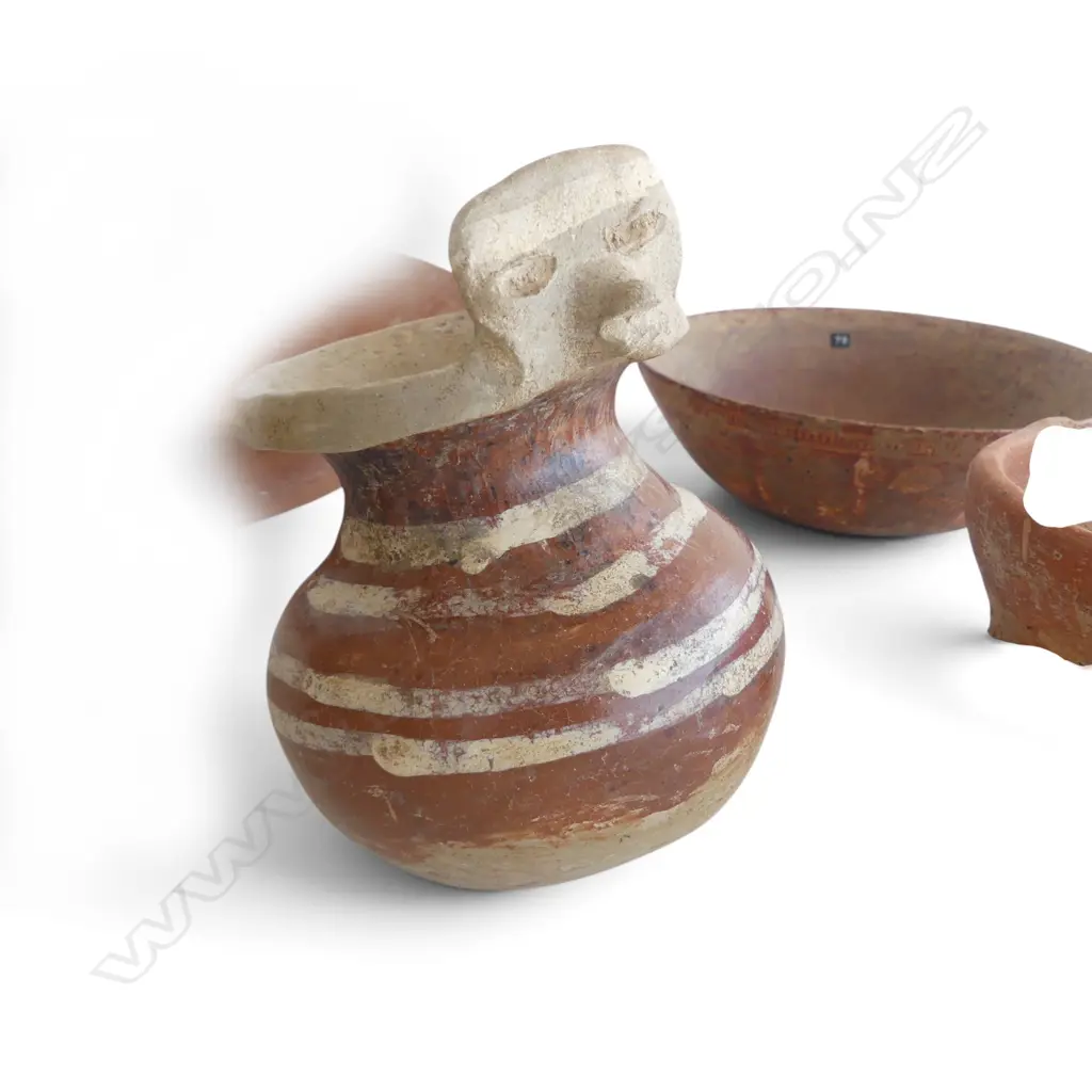 6 PCES PRE-COLUMBIAN? POTTERY; 4 BOWLS 260mm dia (2 LARGEST w. HAIRLINES), POT,  UILACAPITZTLI (POTTERY FLUTE) L.305mm Image 1++