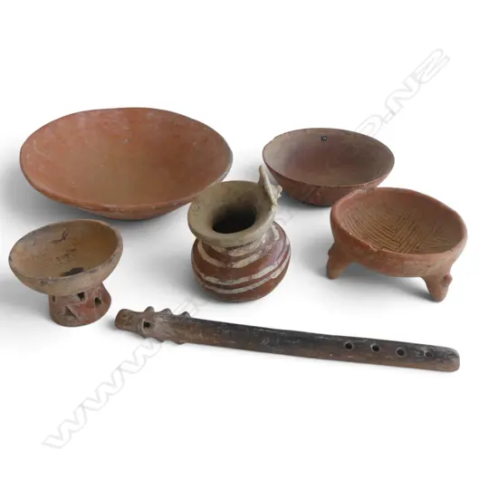 6 PCES PRE-COLUMBIAN? POTTERY; 4 BOWLS 260mm dia (2 LARGEST w. HAIRLINES), POT,  UILACAPITZTLI (POTTERY FLUTE) L.305mm