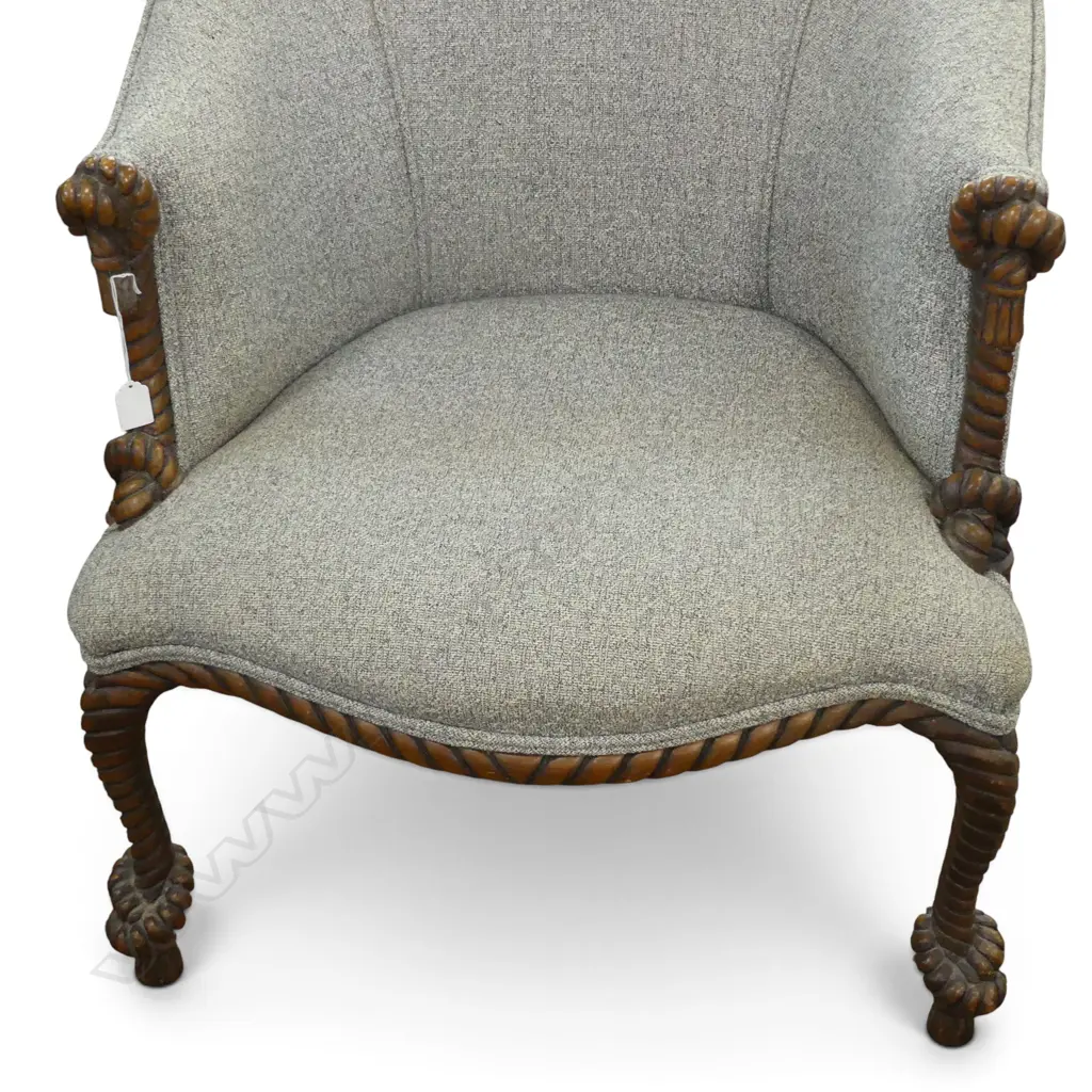 ANTIQUE ARMCHAIR & FOOTREST w. ROPE CARVED FRAME Image 1++
