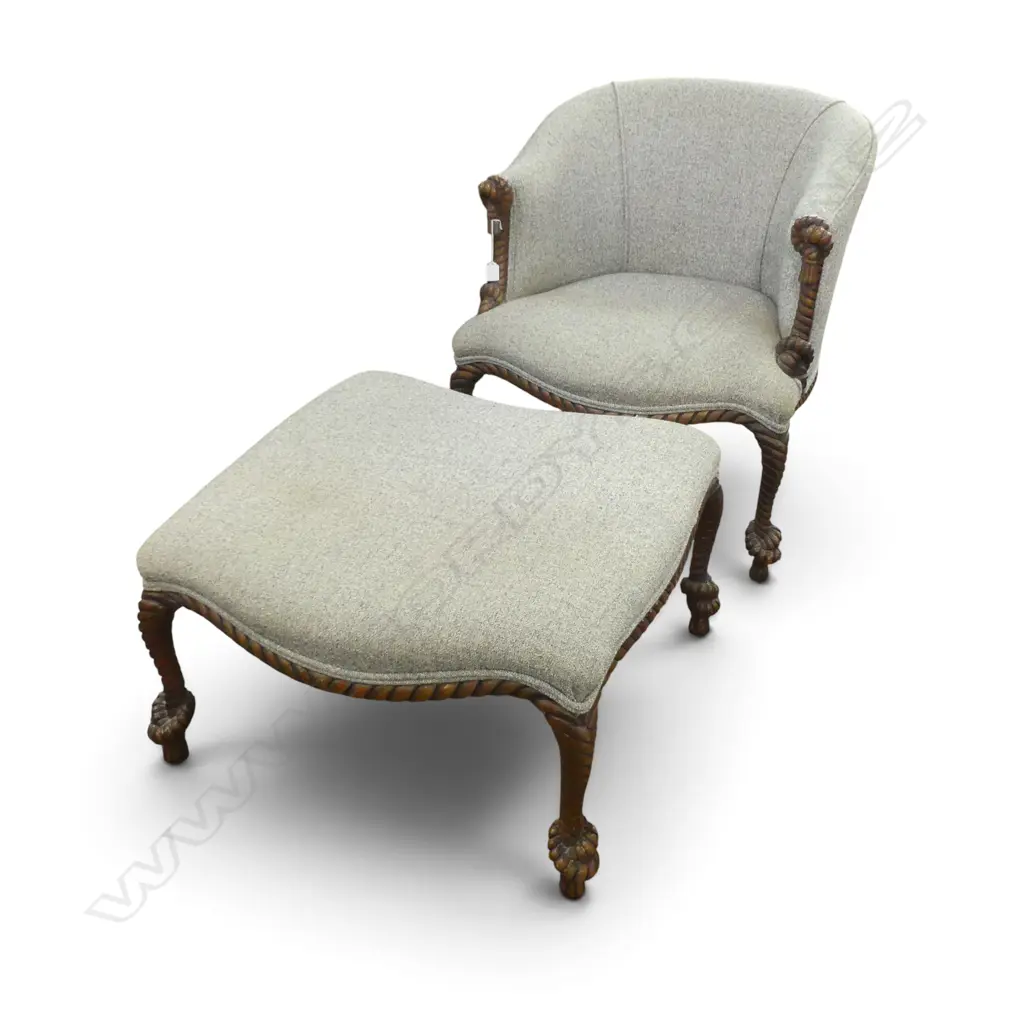 ANTIQUE ARMCHAIR & FOOTREST w. ROPE CARVED FRAME Image 1++