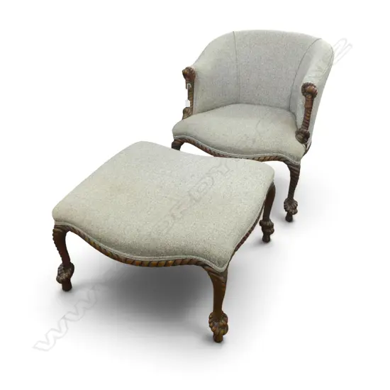 ANTIQUE ARMCHAIR & FOOTREST w. ROPE CARVED FRAME
