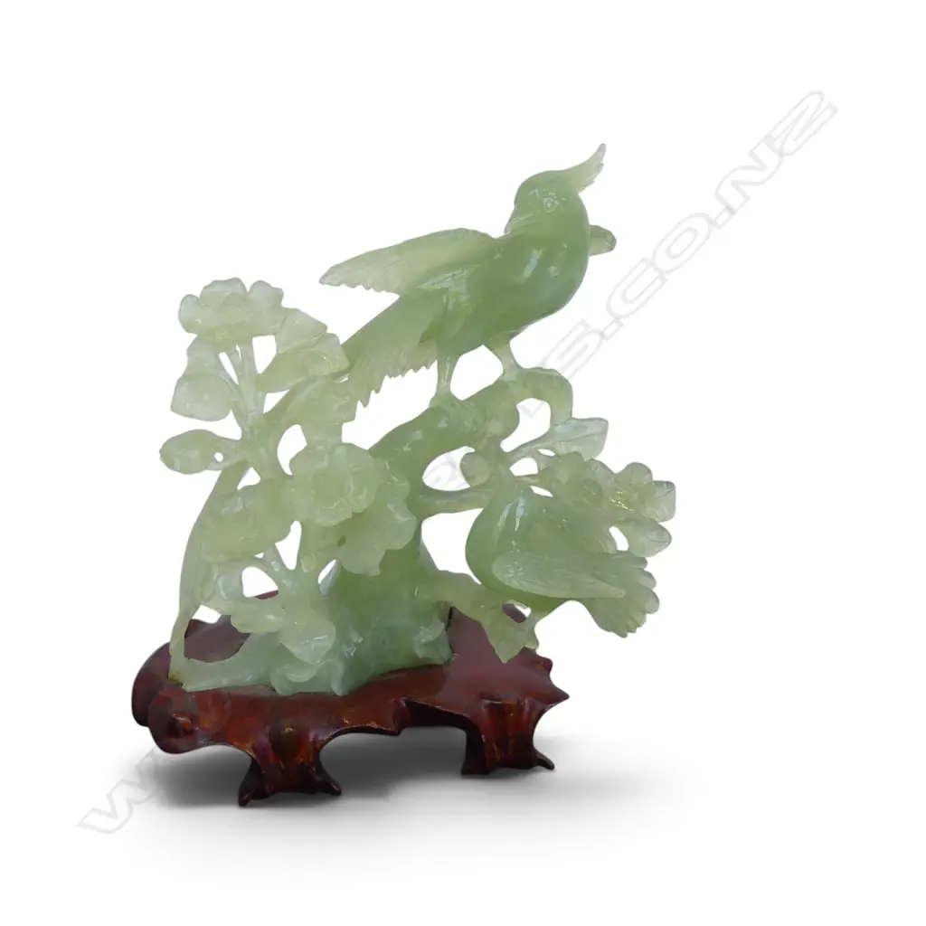 2 BOXED ORIENTAL CHRYSOPRASE BIRD SCULPTURES H.200 / 240mm REPAIRS Image 1++