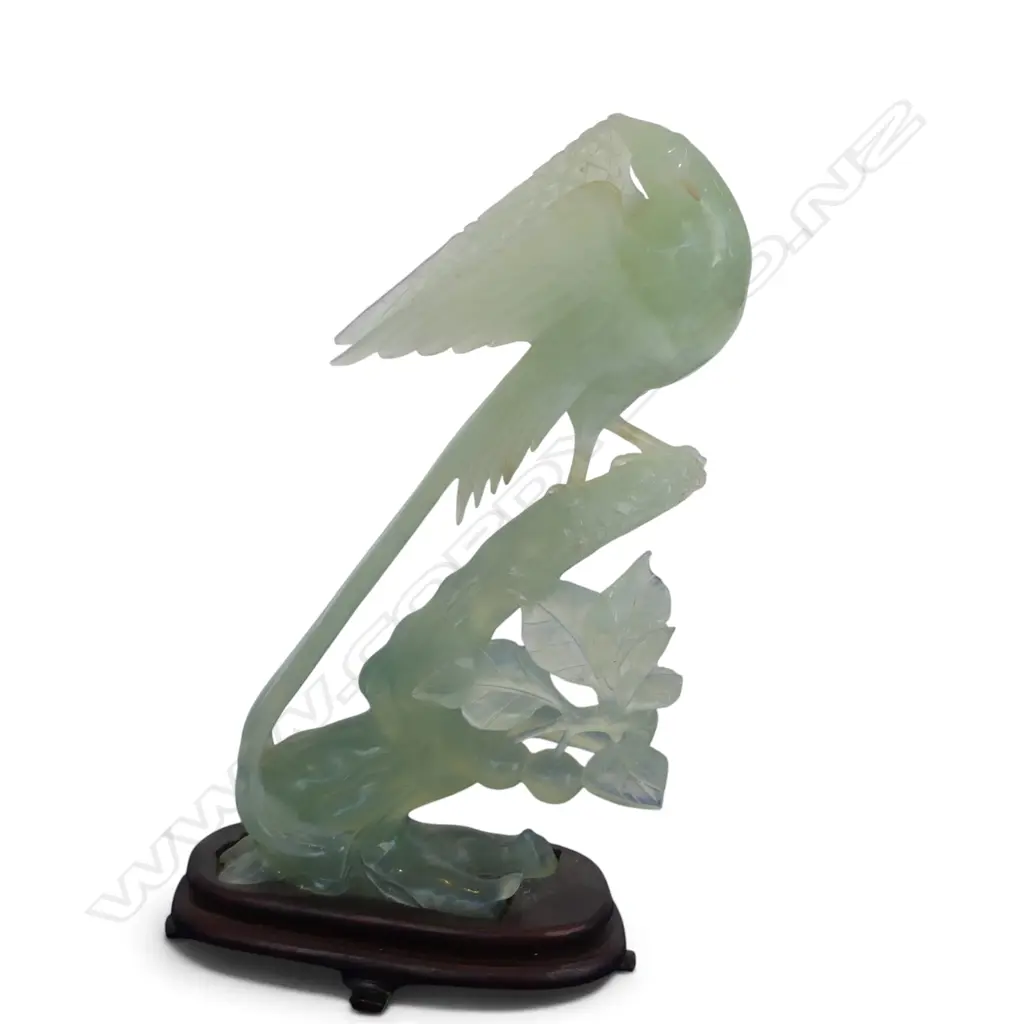 2 BOXED ORIENTAL CHRYSOPRASE BIRD SCULPTURES H.200 / 240mm REPAIRS Image 1++