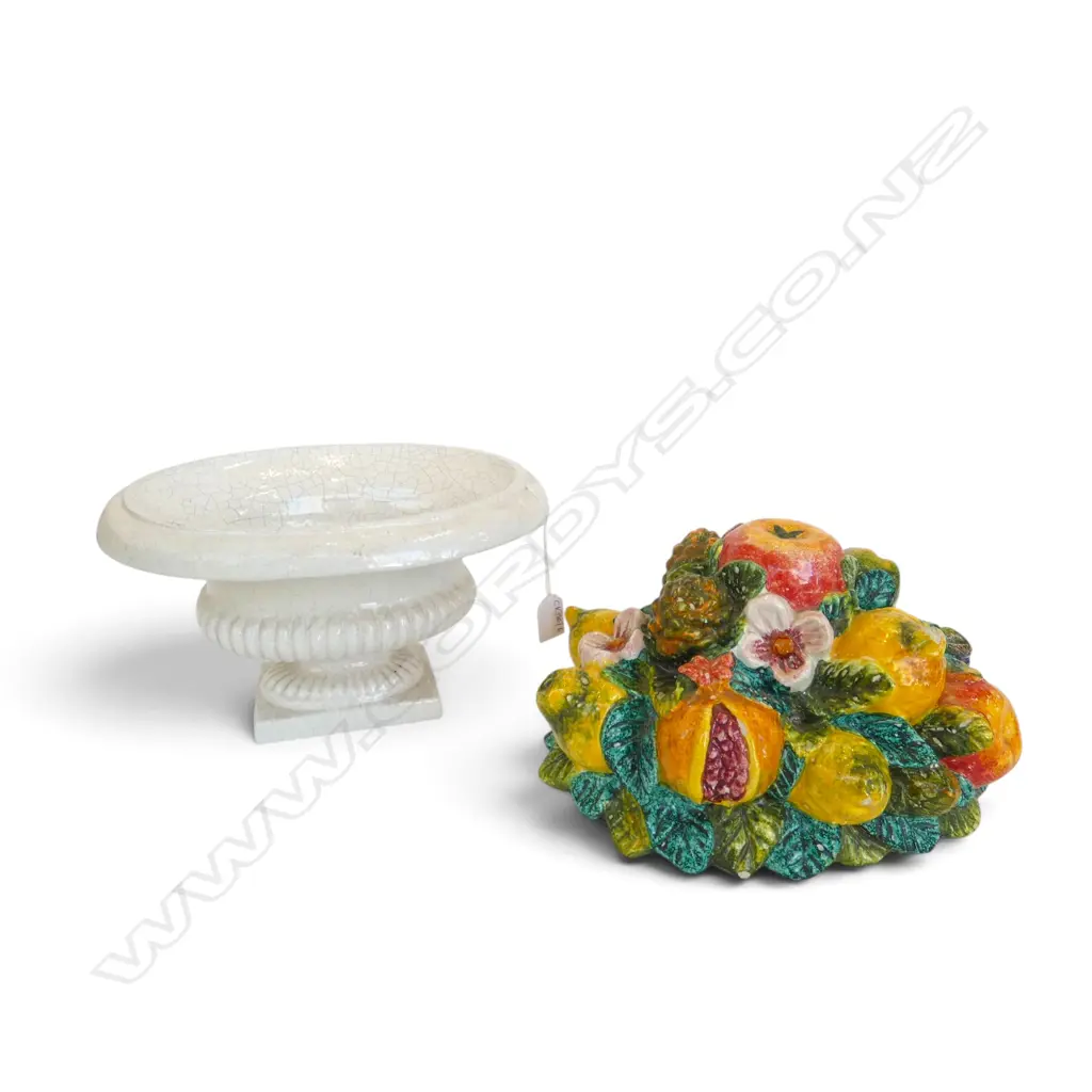 MAJOLICA FRUIT TOPIARY LIDDED URN H.340mm chips Image 1++