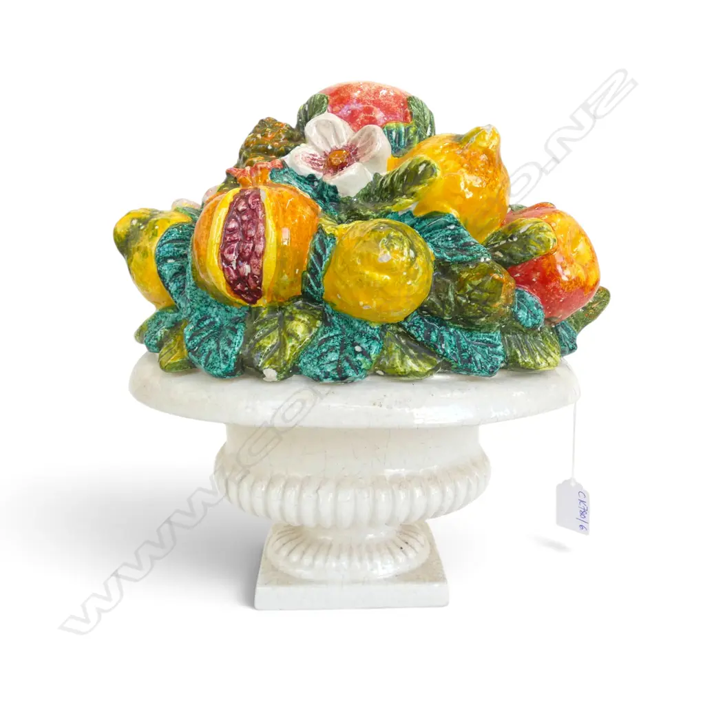 MAJOLICA FRUIT TOPIARY LIDDED URN H.340mm chips Image 1++