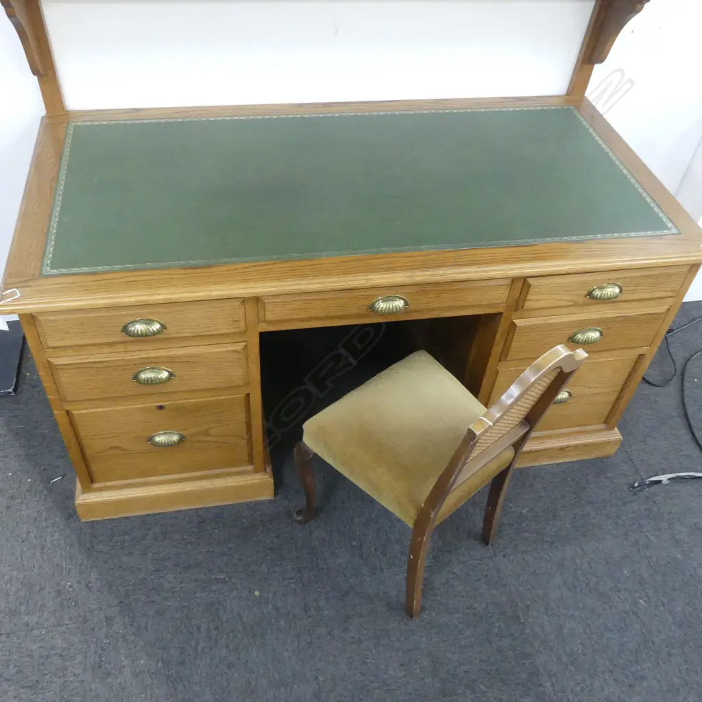 OAK DESK w. INSET LEATHER TOP & BOOKCASE BACK 1500x750x1610mm + CHAIR Image 1++