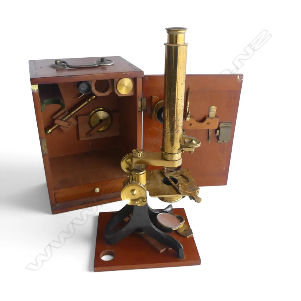 ANTIQUE MICROSCOPE IN MAHOGANY CASE H.270mm Image 1++
