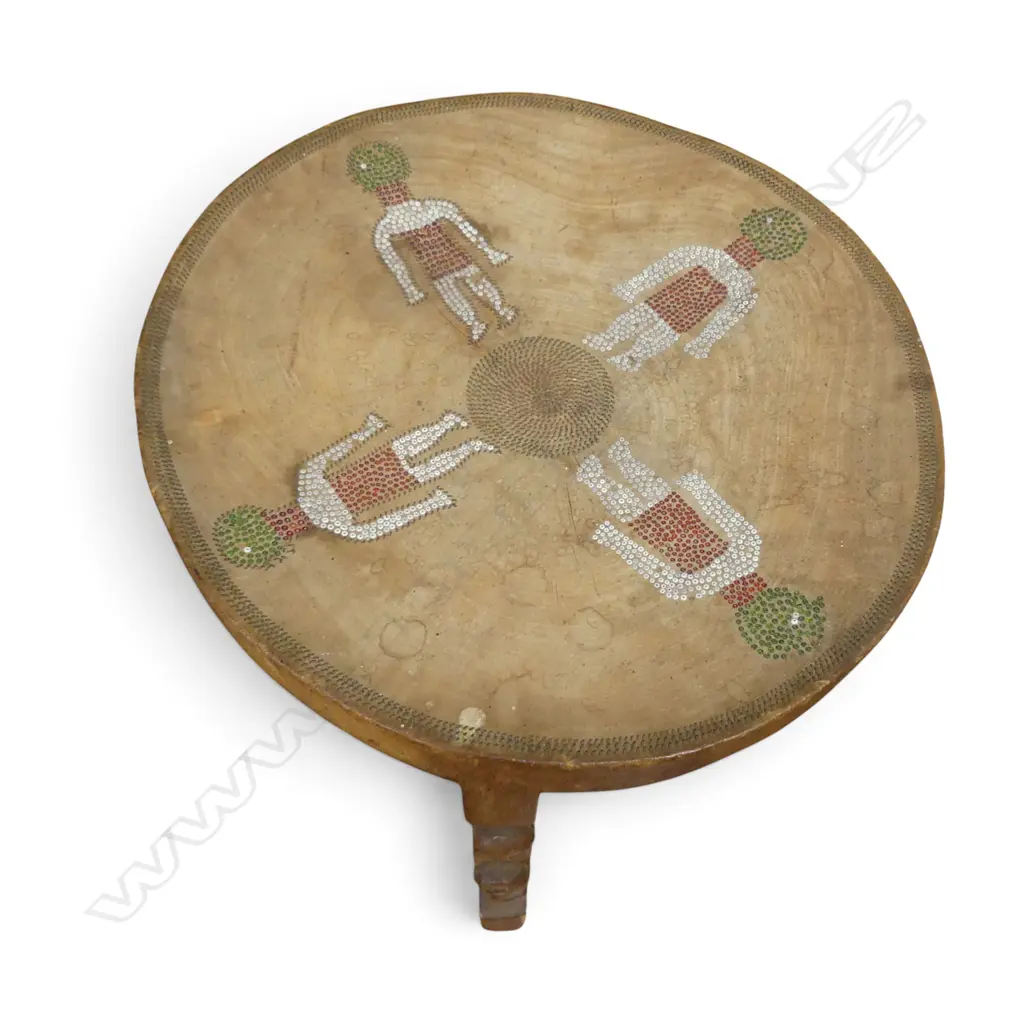 TRIBAL WOODEN STOOL w. BEADED DECORATION H.290mm Image 1++
