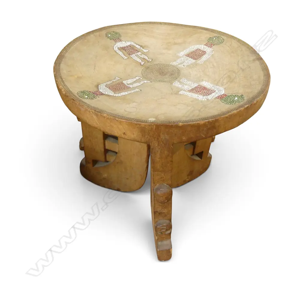 TRIBAL WOODEN STOOL w. BEADED DECORATION H.290mm Image 1++