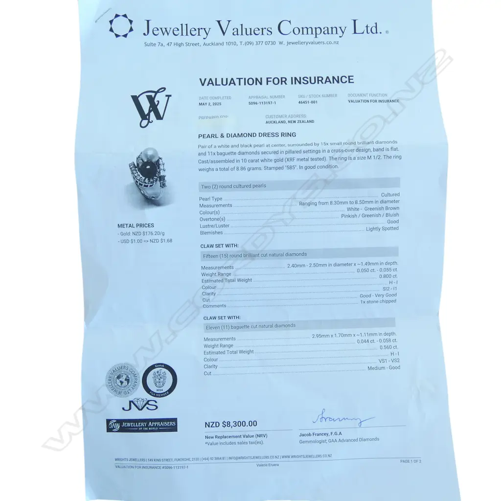 14CT WG  WHITE & BLACK PEARL & DIAMOND DRESS RING, 8.8gms SIZE O Image 1++