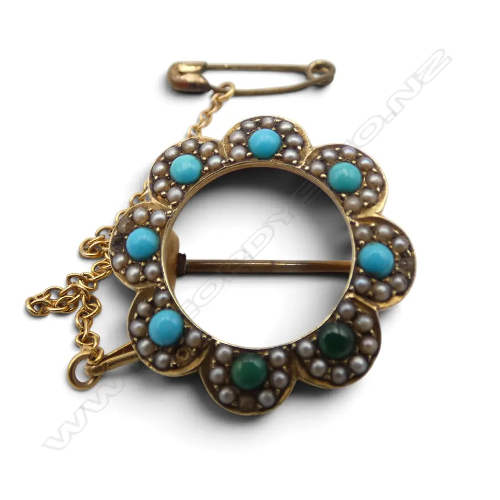 15CT GOLD PEARL AND TURQUOISE BEAD BROOCH 5.88gms Image 1++