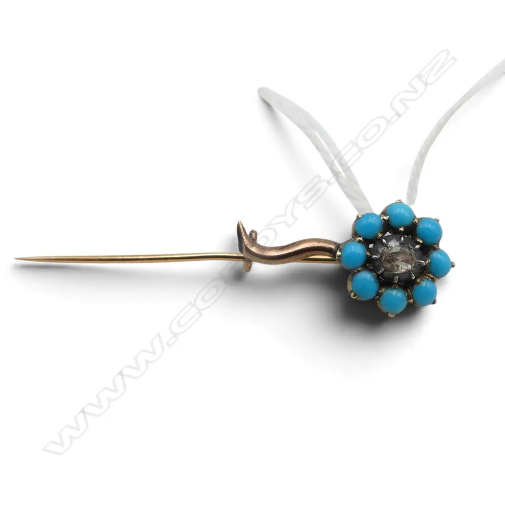 9CT GOLD DIAMOND & TURQUOISE PIN 2.05gms Image 1++