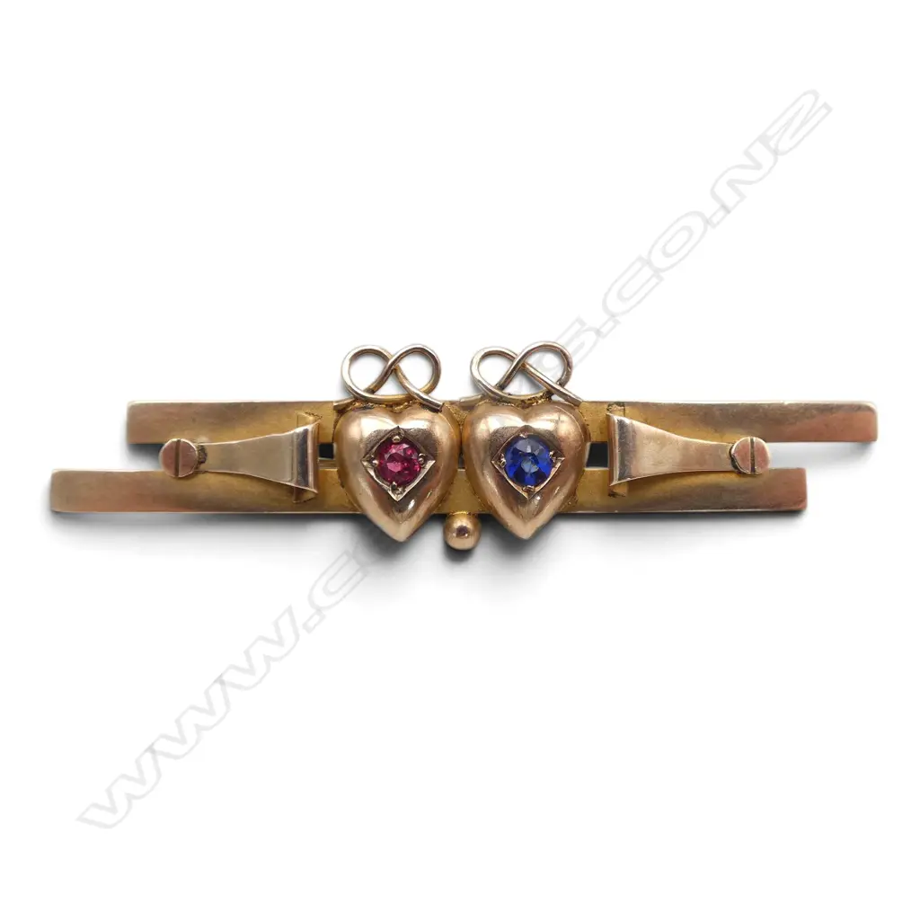 9ct BLUE & RED TWIN HEART BROOCH w. english hallmarks 3.77gms Image 1++