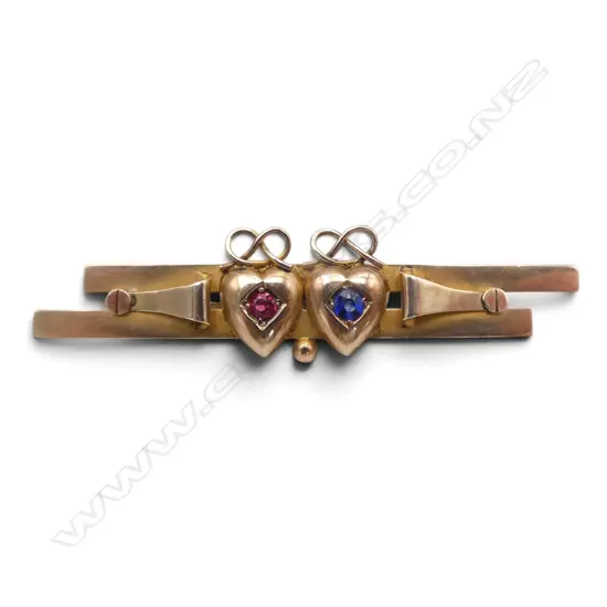 9ct BLUE & RED TWIN HEART BROOCH w. english hallmarks 3.77gms