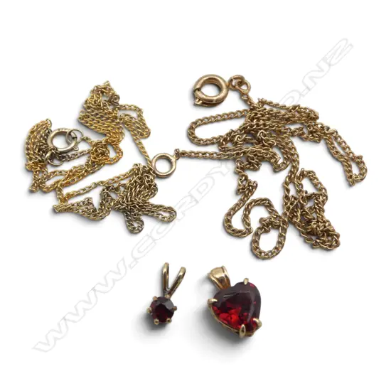 14ct GARNET PENDANT 0.15gms + 9ct HEART FORM PENDANT 0.73gms both on costume chains