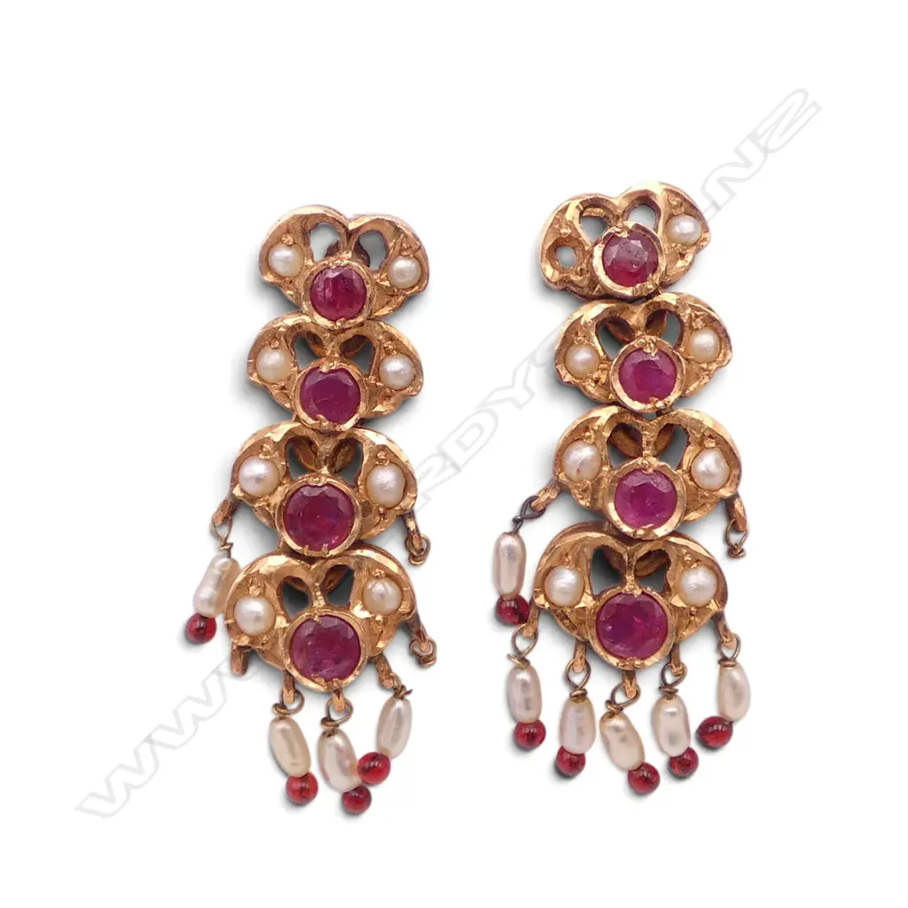 14ct rose GOLD PR DROP EARRINGS with rubies & pearls some missing. 11.7gms Image 1++
