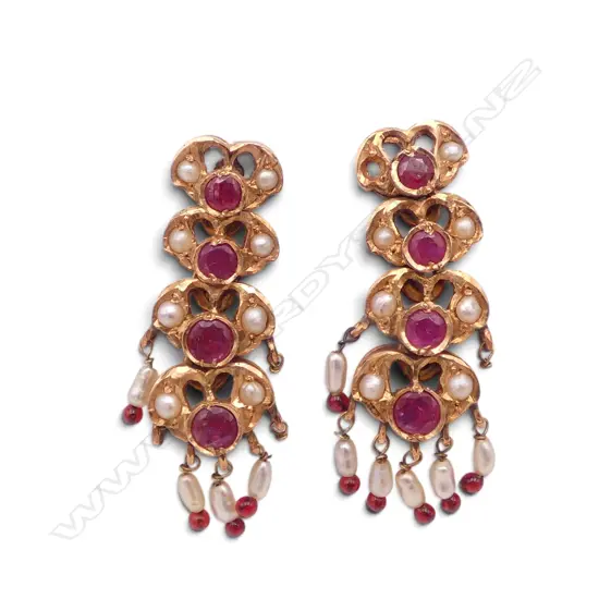 14ct rose GOLD PR DROP EARRINGS with rubies & pearls some missing. 11.7gms