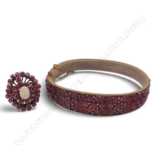 VINTAGE RUBY & OPAL RING testing 4ct gold so maybe plated + gold plated garnet bangle 2 missing