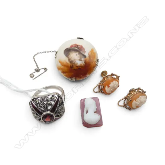 925 SILVER DECO STYLE RING, PR GP EARRINGS (8CT TRIM), CAMEO, BROOCH