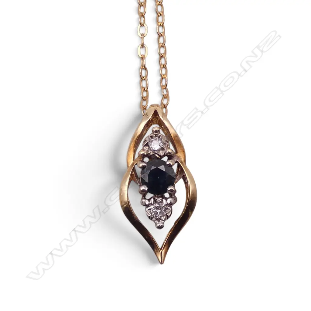 9ct Y/GOLD SAPPHIRE & DIAMOND PENDANT NECKLACE 2.15gms Image 1++