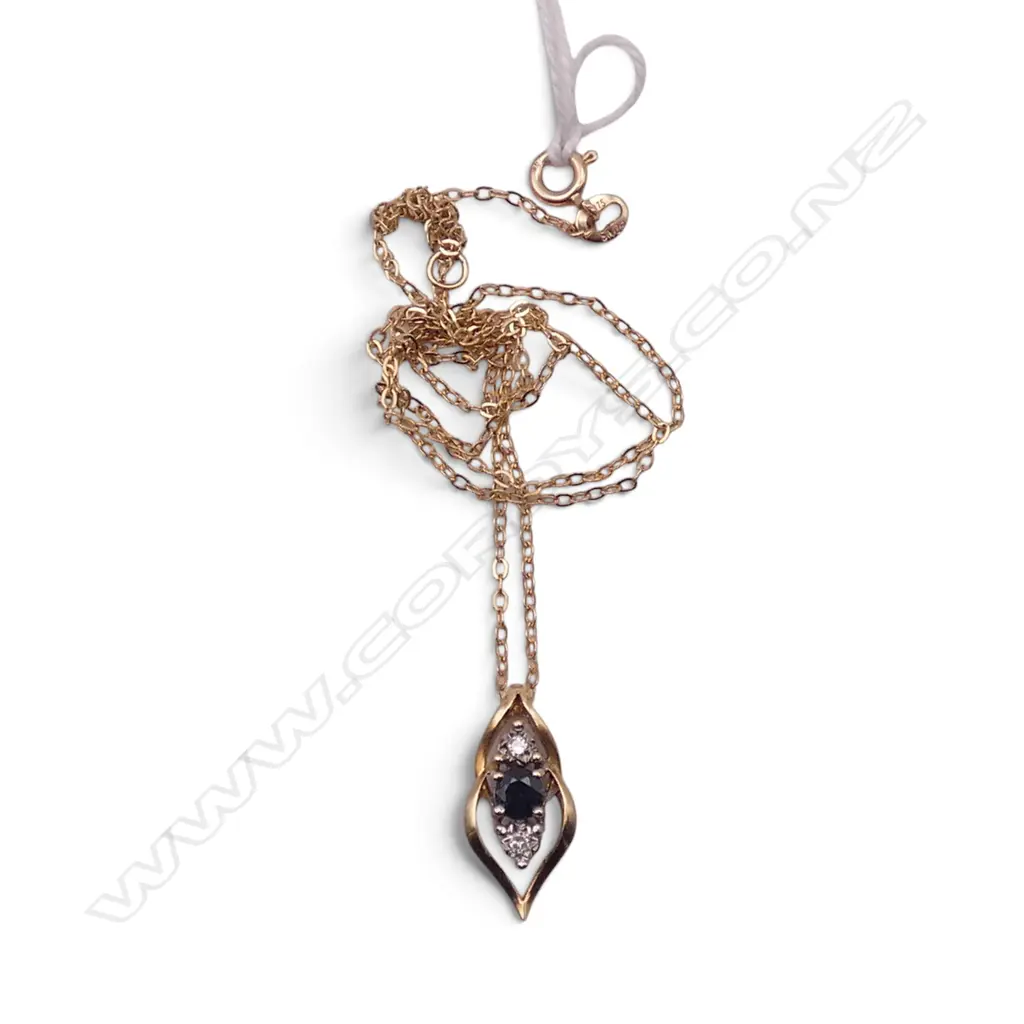 9ct Y/GOLD SAPPHIRE & DIAMOND PENDANT NECKLACE 2.15gms Image 1++