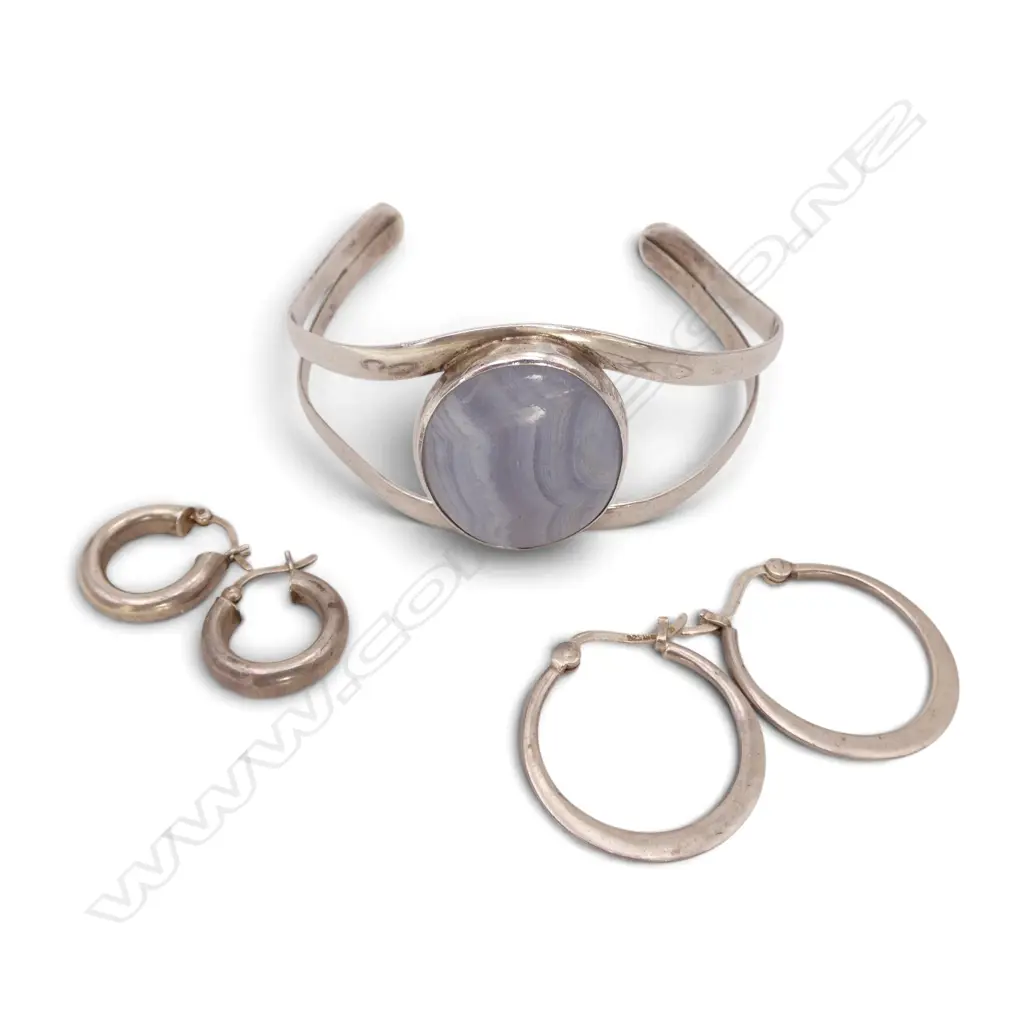Silver & Pale Blue Lace Agate Cuff Bracelet + 2 pairs of sterling silver hoop earrings Image 1++