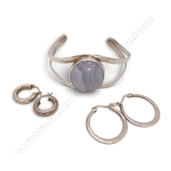 Silver & Pale Blue Lace Agate Cuff Bracelet + 2 pairs of sterling silver hoop earrings