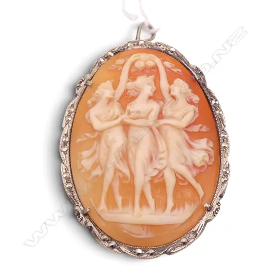 ANTIQUE EUROPEAN SILVER & MARCASITE FRAMED CAMEO PENDANT/BROOCH