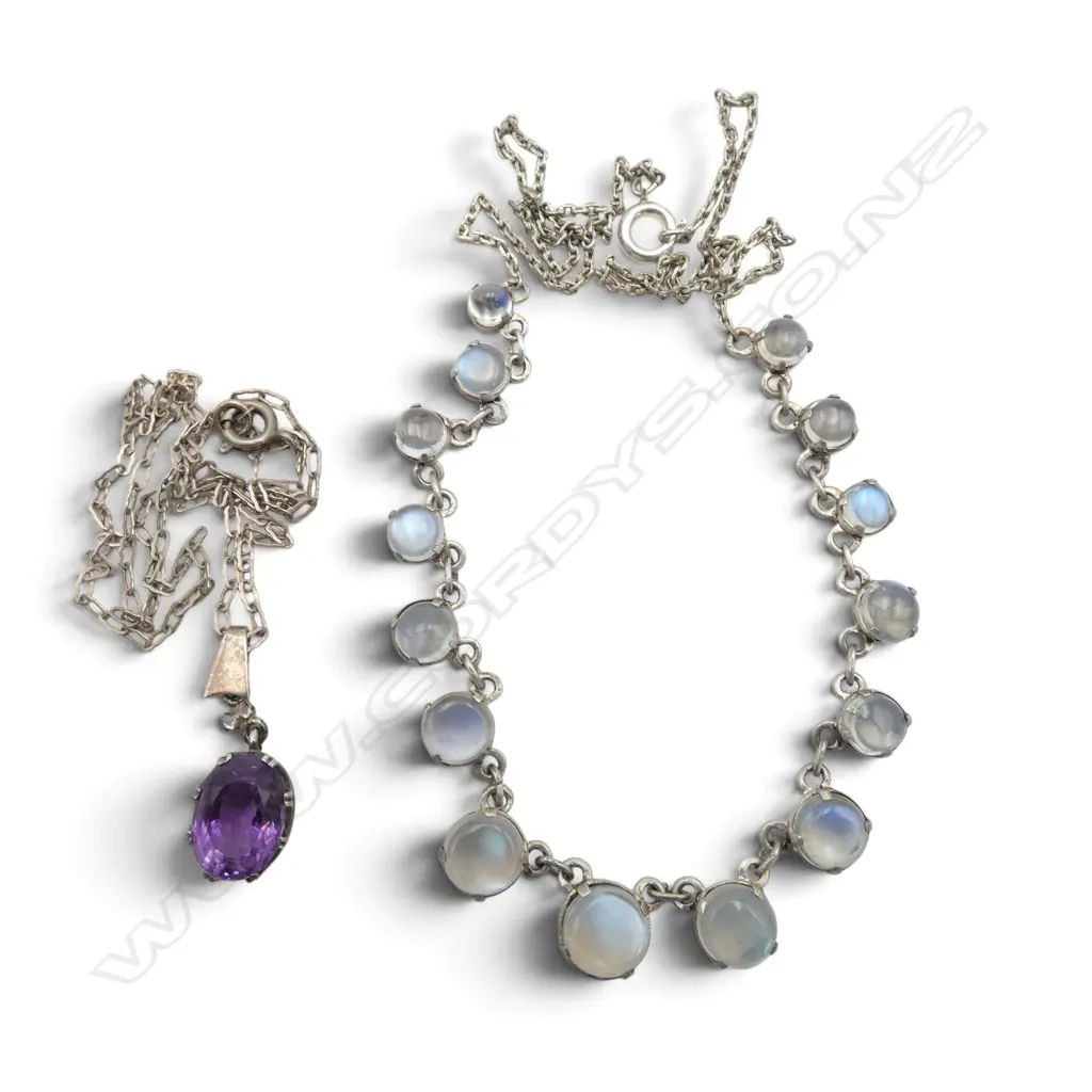 2 VINTAGE SILVER & GEMSTONE NECKLACES: moonstones & single amethyst Image 1++
