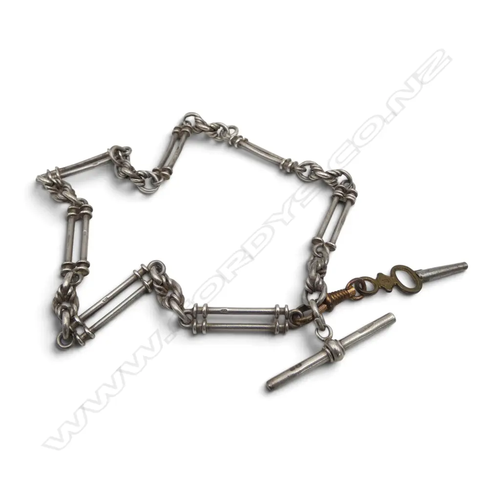 c1900 STG SILVER FANCY LINK ALBERT CHAIN Prince of Wales & rail link. 1 gilt clip. 36gms Image 1++