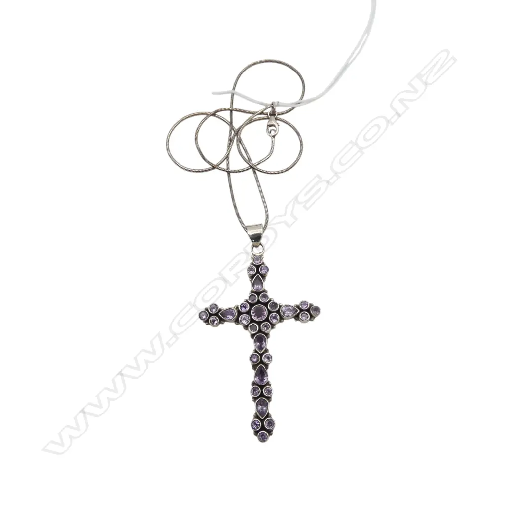 S/SILVER AMYTHIST INCRUSTED CRUCIFIX OB S/SILVER CHAIN 17.6GMS Image 1++